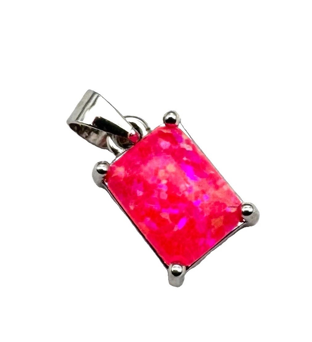 925 Sterling Silver Pink Lab Created Opal Solitaire Pendant, 8.8 X 6.3 mm
