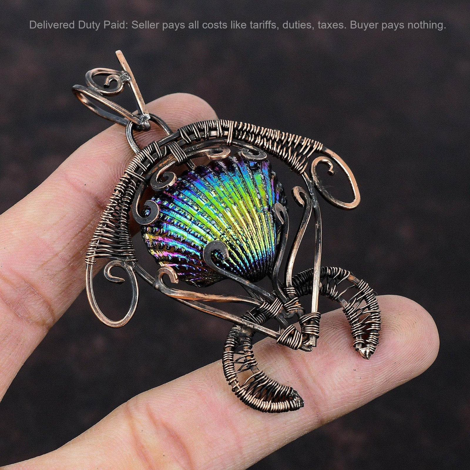 Copper Natural Titanium Coated Shell Boho Wire Wrapped Tortoise Pendant Jewelry