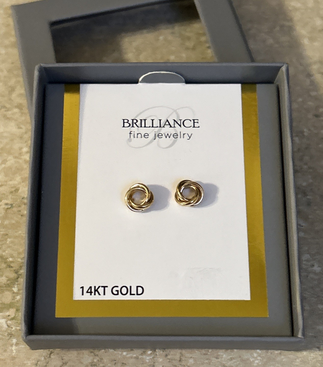 Brilliance Fine Jewelry 14KT Gold Twisted Knot Stud Earrings, Brand New In Box!