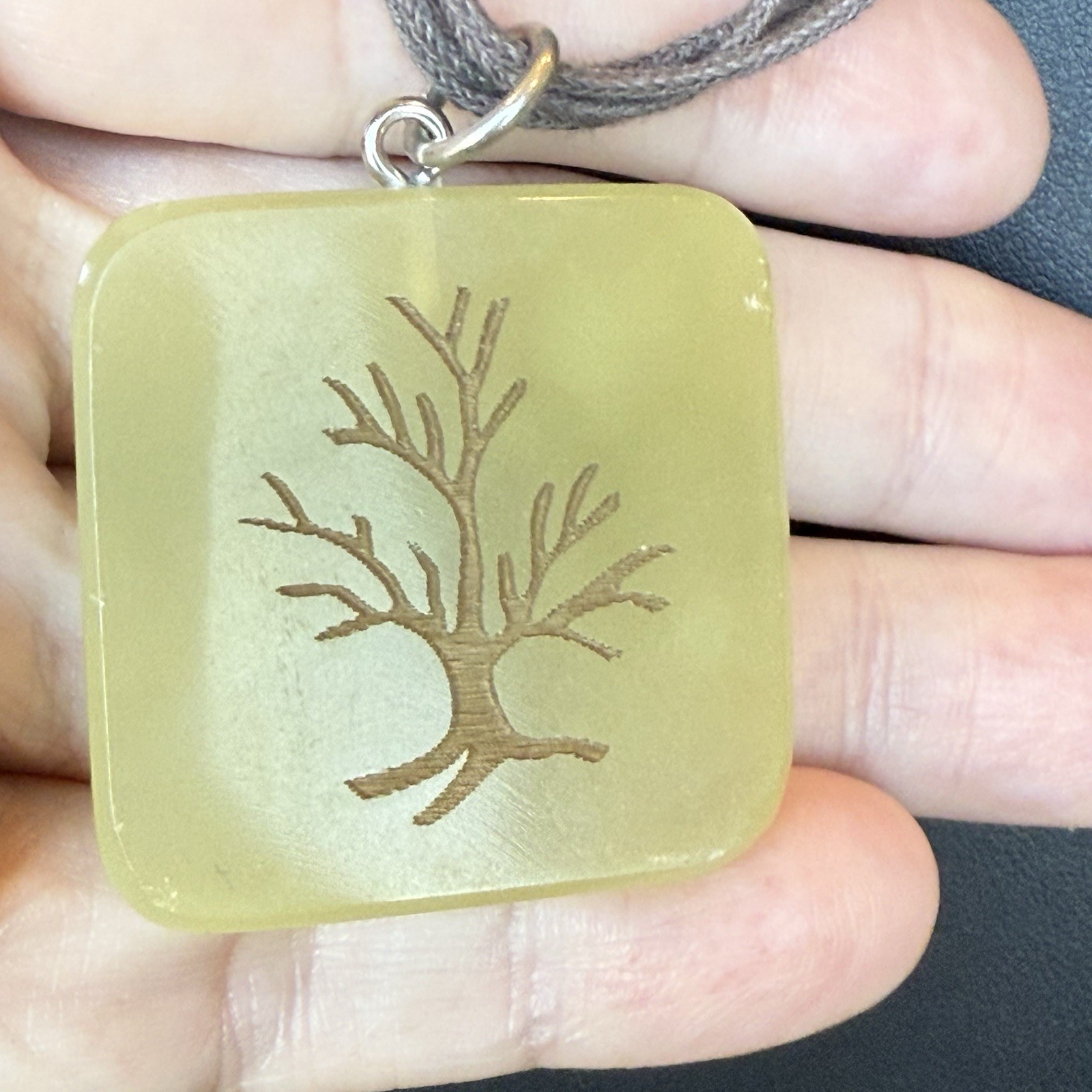Unique Carved Tree In Green Stone Square Pendant Necklace Brown Adjustable Cord