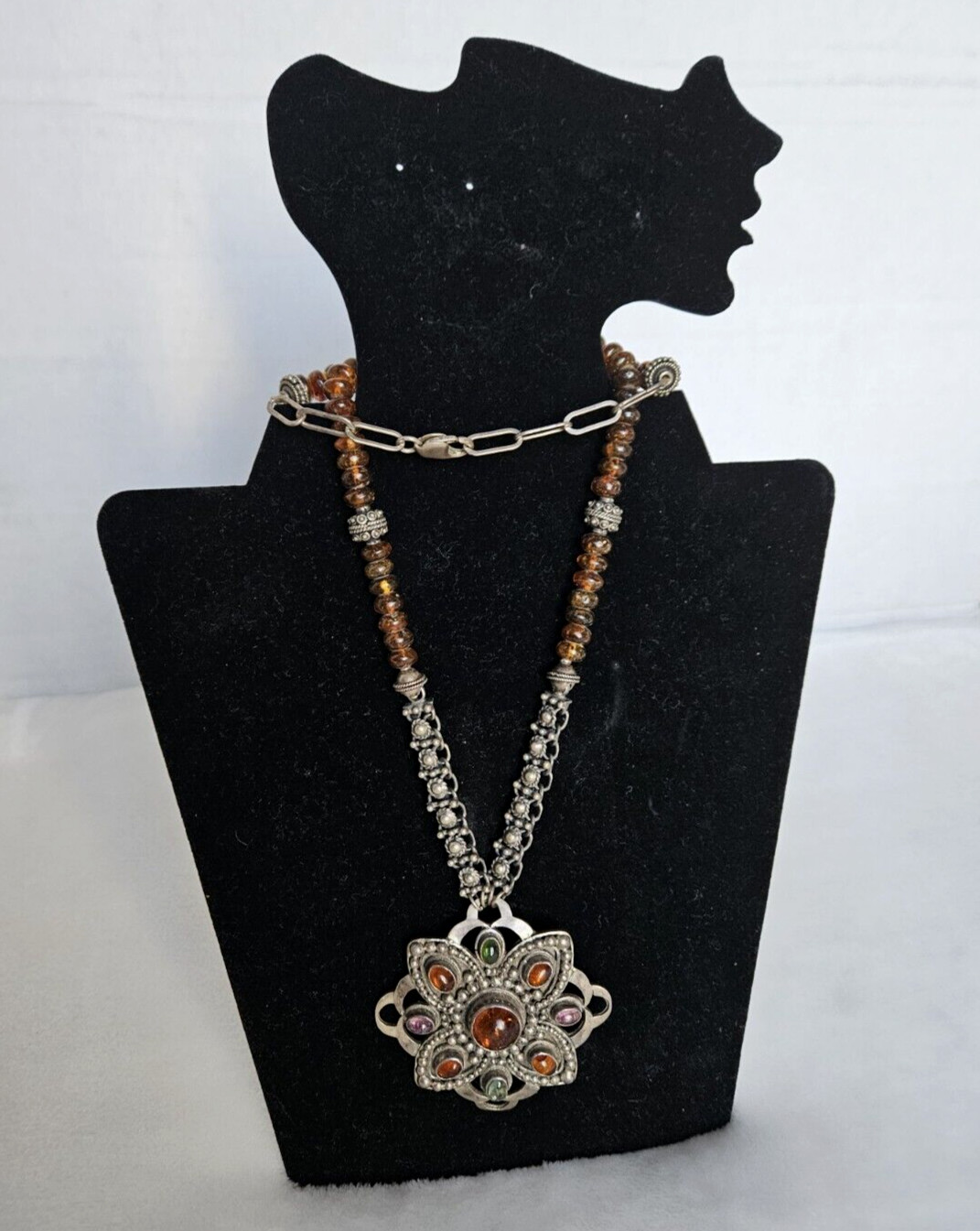 Vintage 925 Solid Sterling Silver Multicolor Amber Large Pendant Necklace