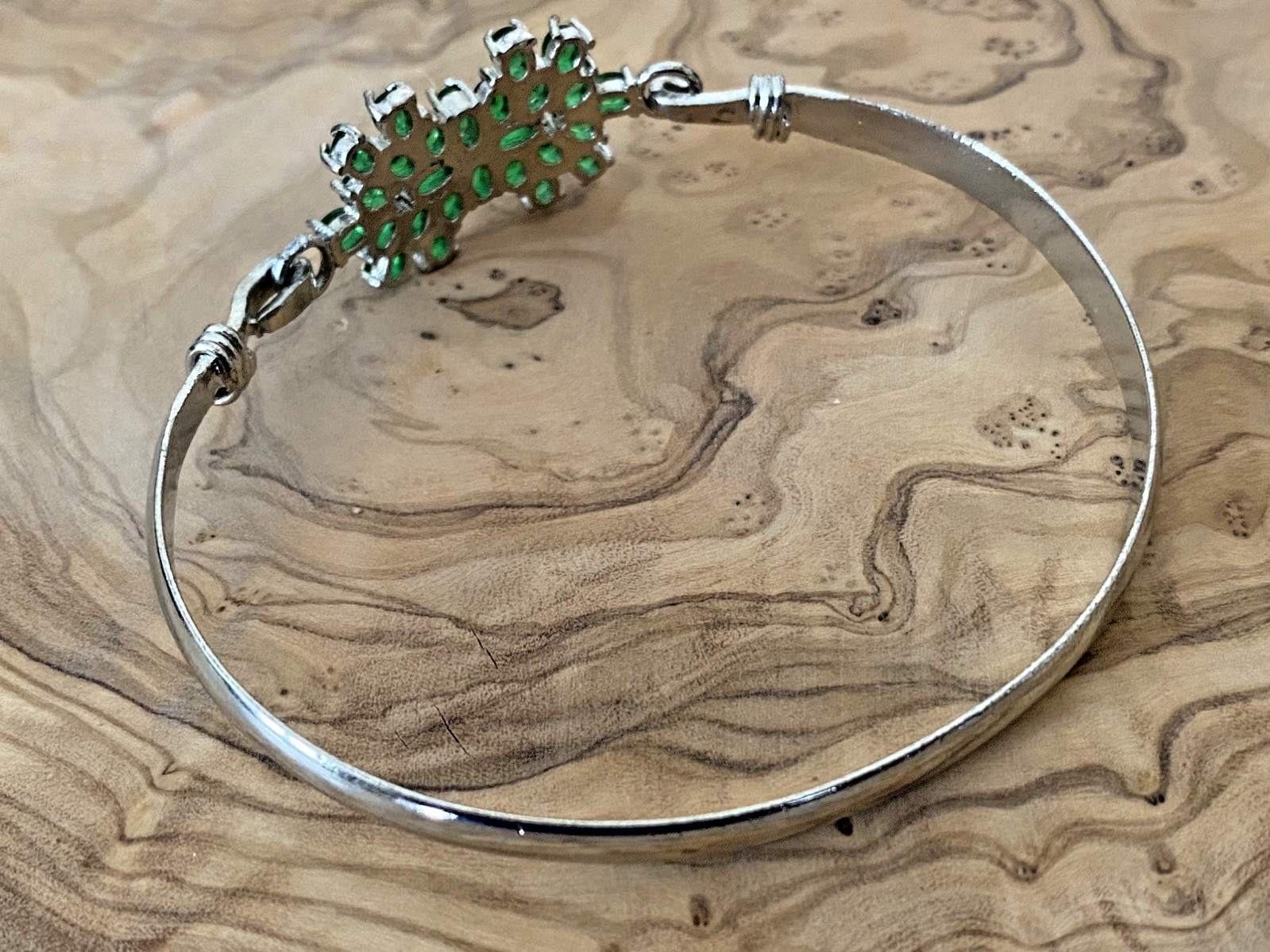 Green Emerald Glass Floral Bangle Bracelet, 925 Sterling Silver, 2.8 in W
