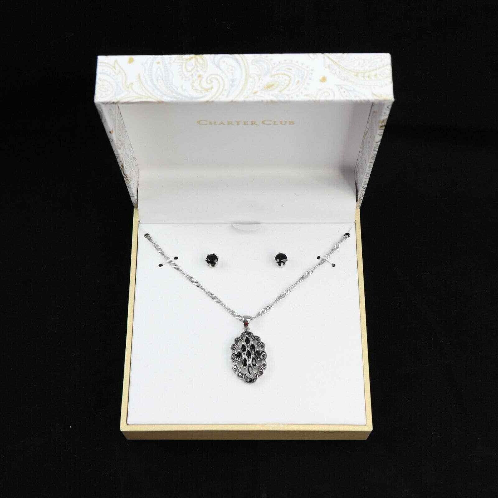 Charter Club Necklace Earring Set Womens OS Black NEW Silver Tone Jet Pendant