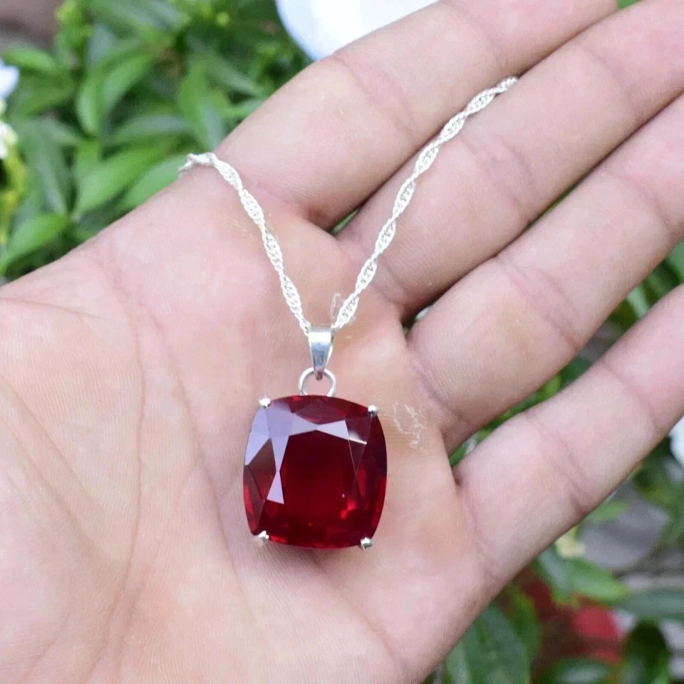 Natural 21 Ct Cushion Cut Red Ruby Silver Pendant AGL Certified Gemstone Jewelry