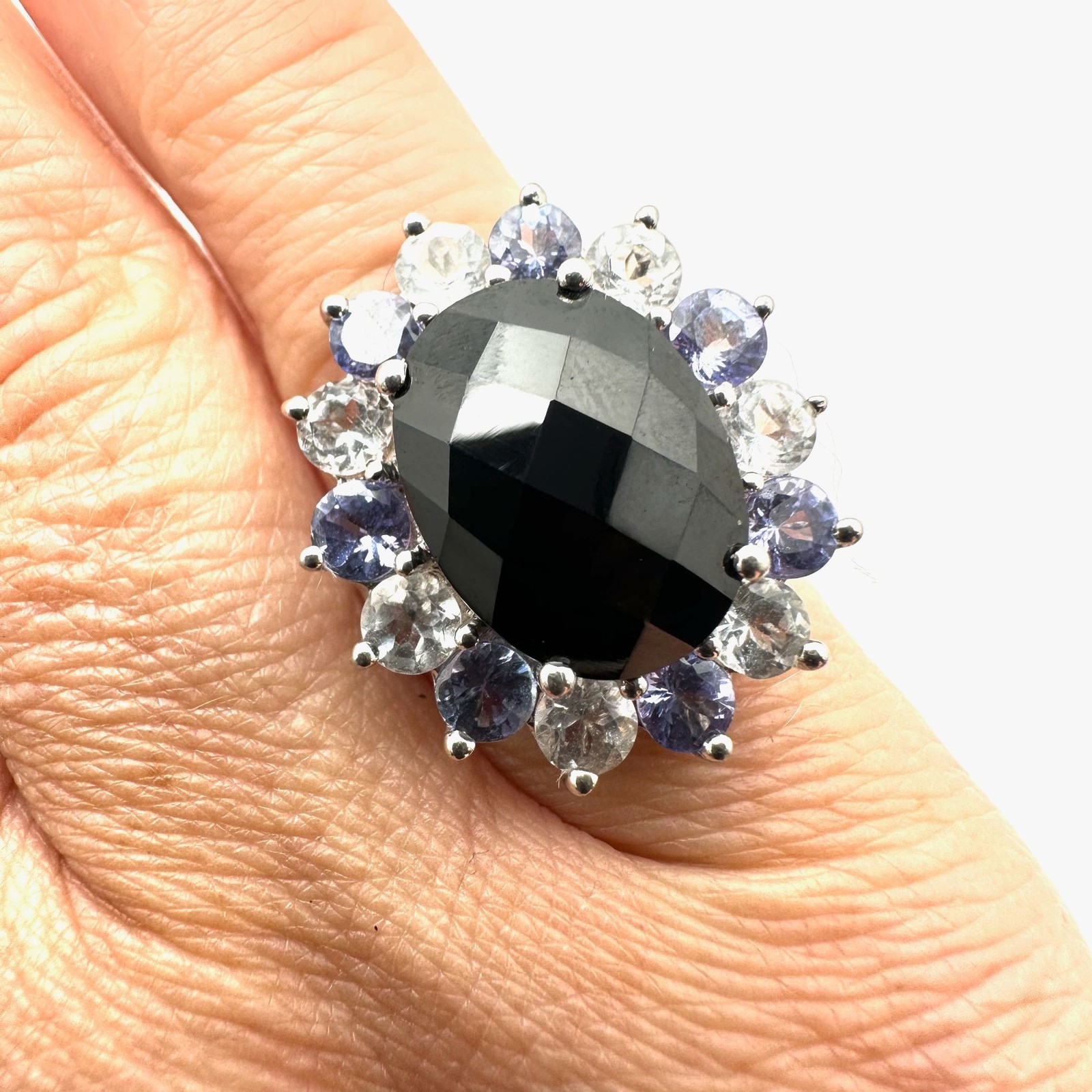 Purple Clear Black Multi-Gemstone Statement Ring Sterling Silver Size 6