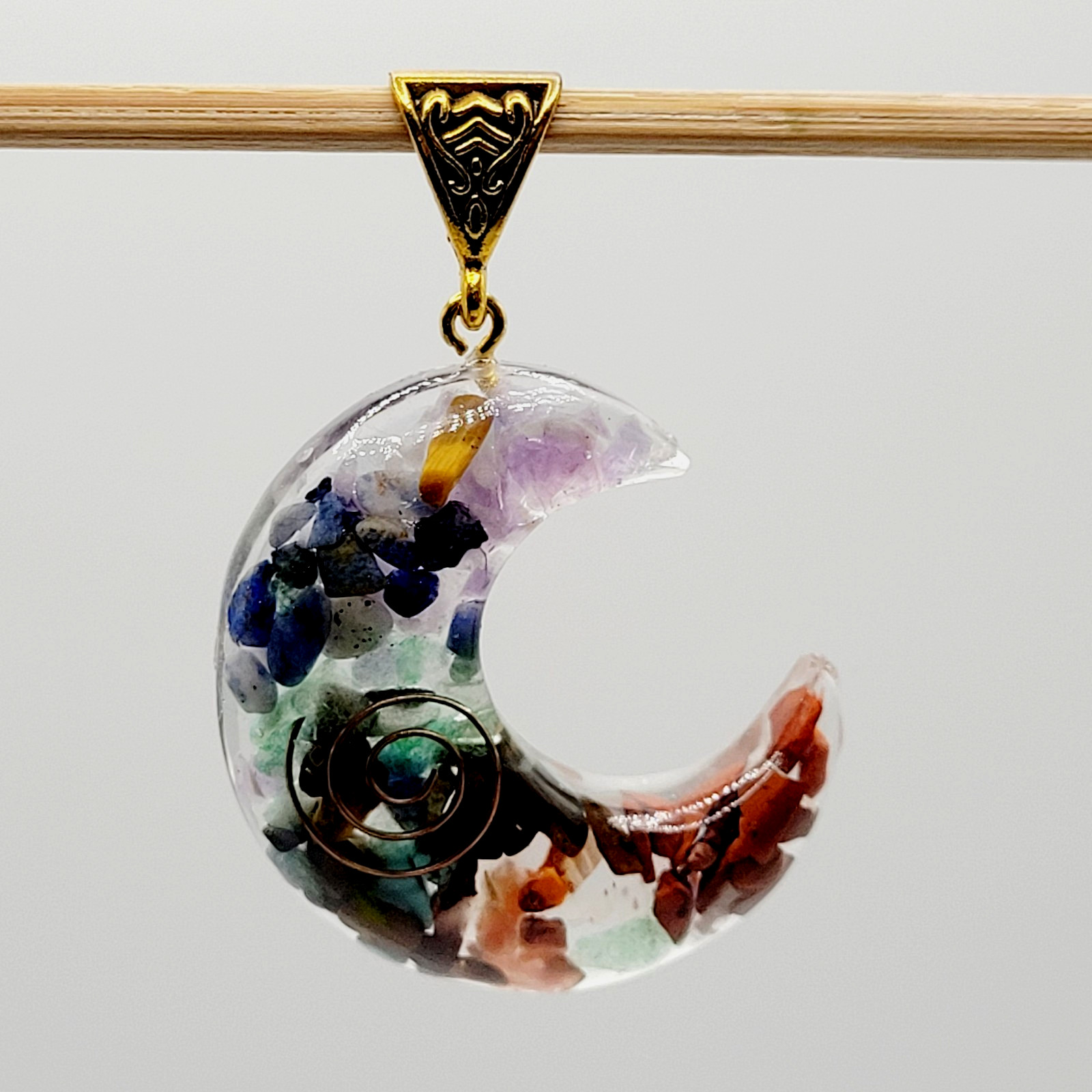 Crescent Moon Shape Orgone Chakra Crystal Chip Pendant Ornate Bail No Chain