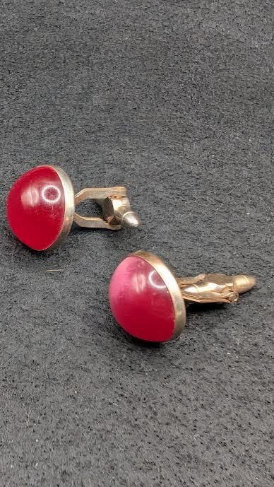 Vintage Ruby Red Glass Cabochon Tone Men’s Cuff Links