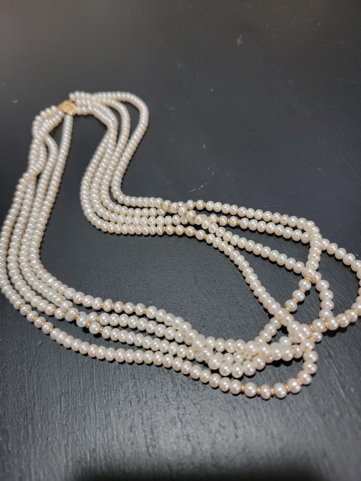 Triple Strand Freshwater Cultured Pearl Necklace 14kt Gold Clasp & Spacers