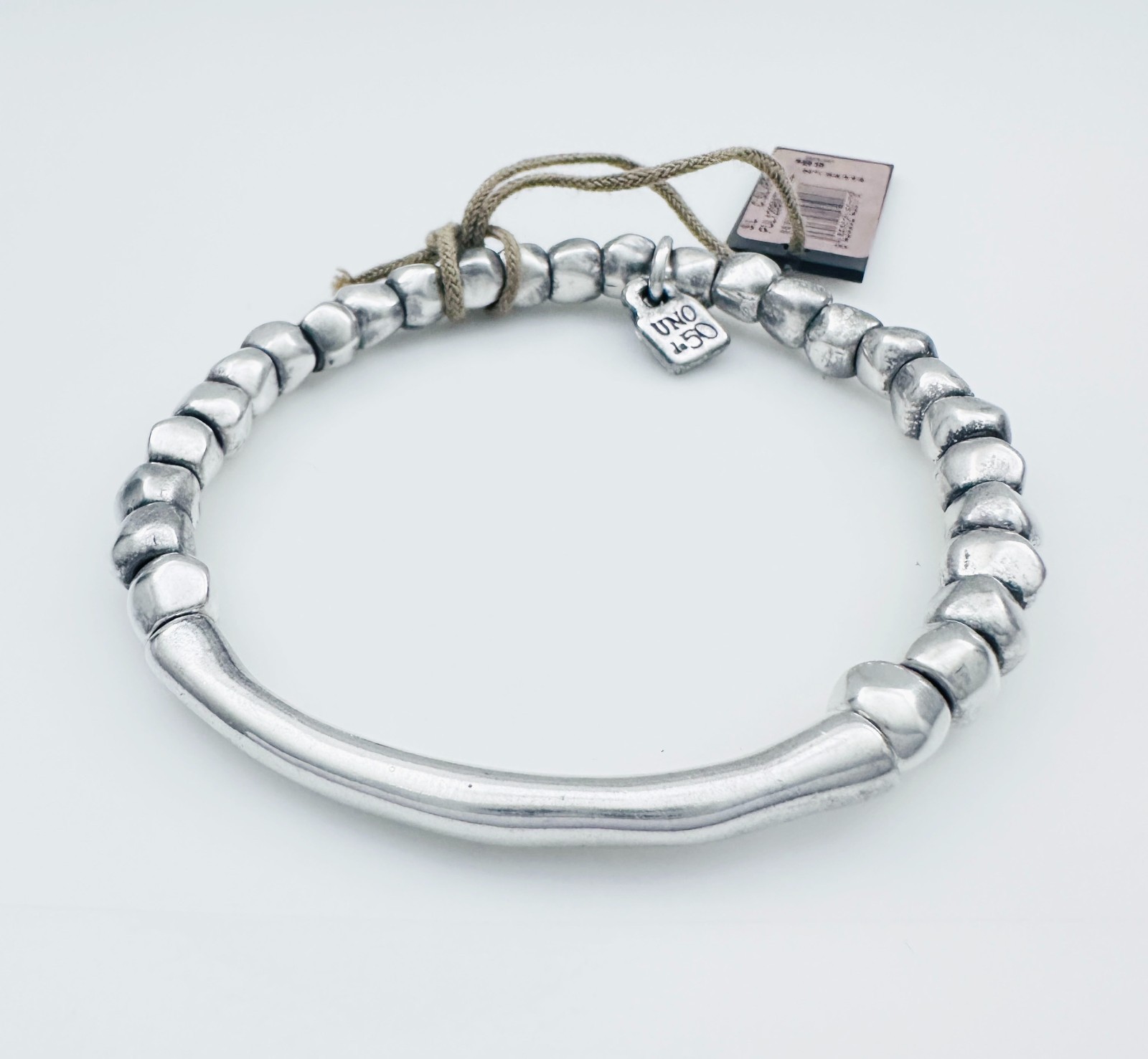 UNO de 50 Silver Plated ‘Journey’ Tubular Bar & Beaded Bracelet, L (6.5″-7.1″)