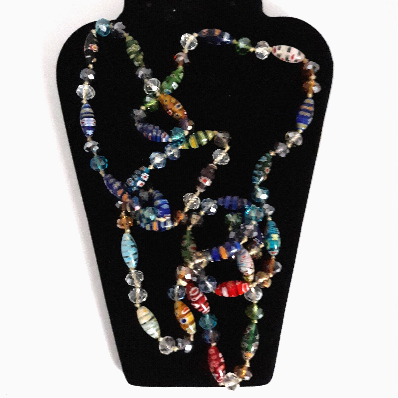VTG Millefiori Style Art Glass Beads & Crystals Hand Knotted 25″ Stand Overhead