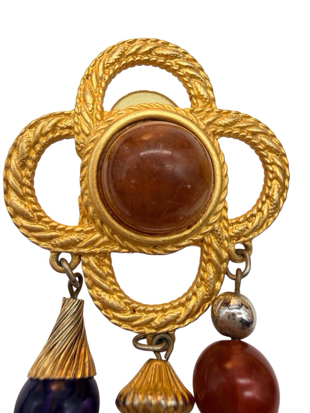 JJ Jonette Signed Earrings VTG 80s Large Etruscan Rev Faux Stone Dangles Gold 9