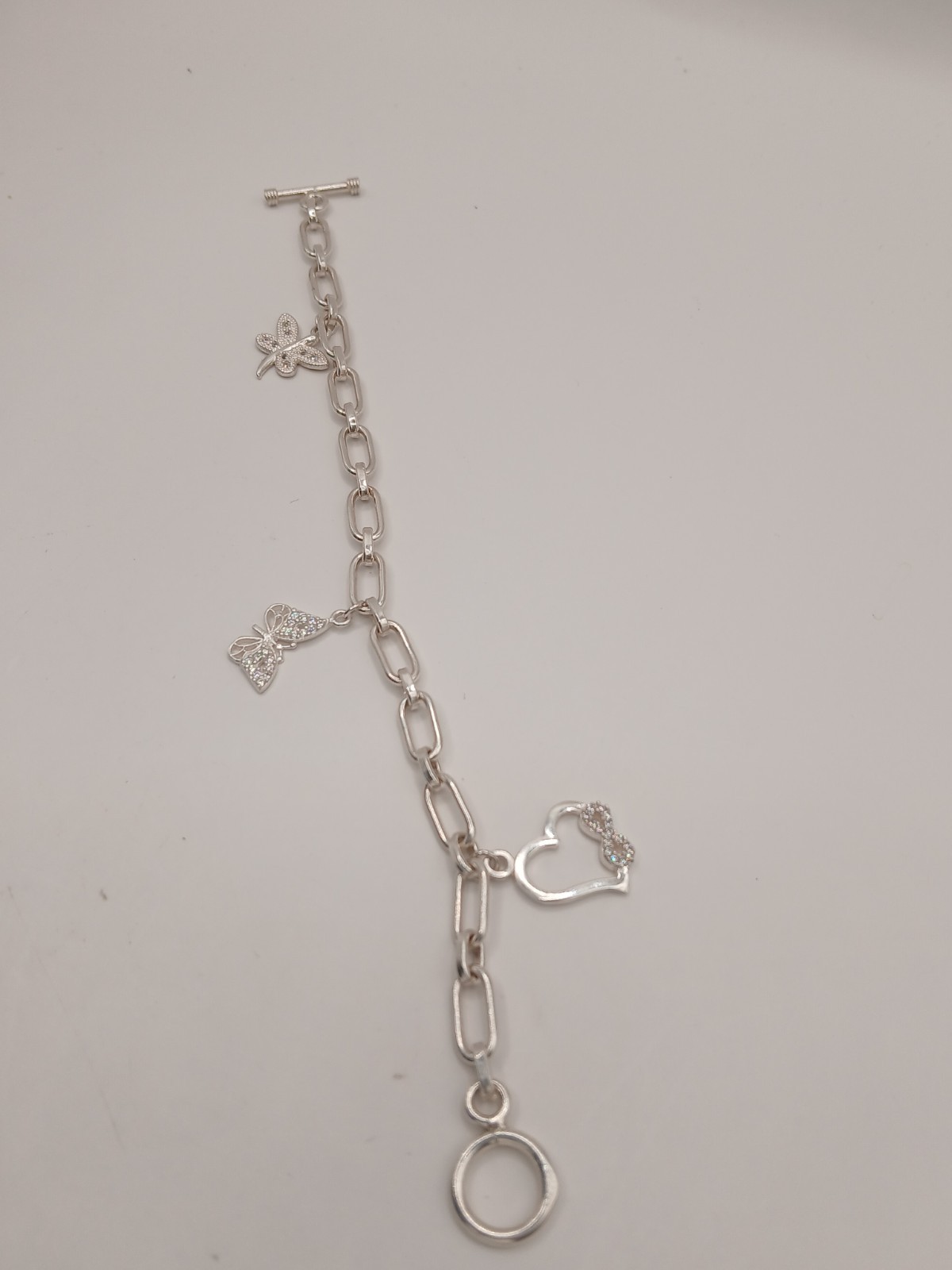 Sterling Silver 925 Link Chain Charm Bracelet Dangle Toggle 7.6-8 in