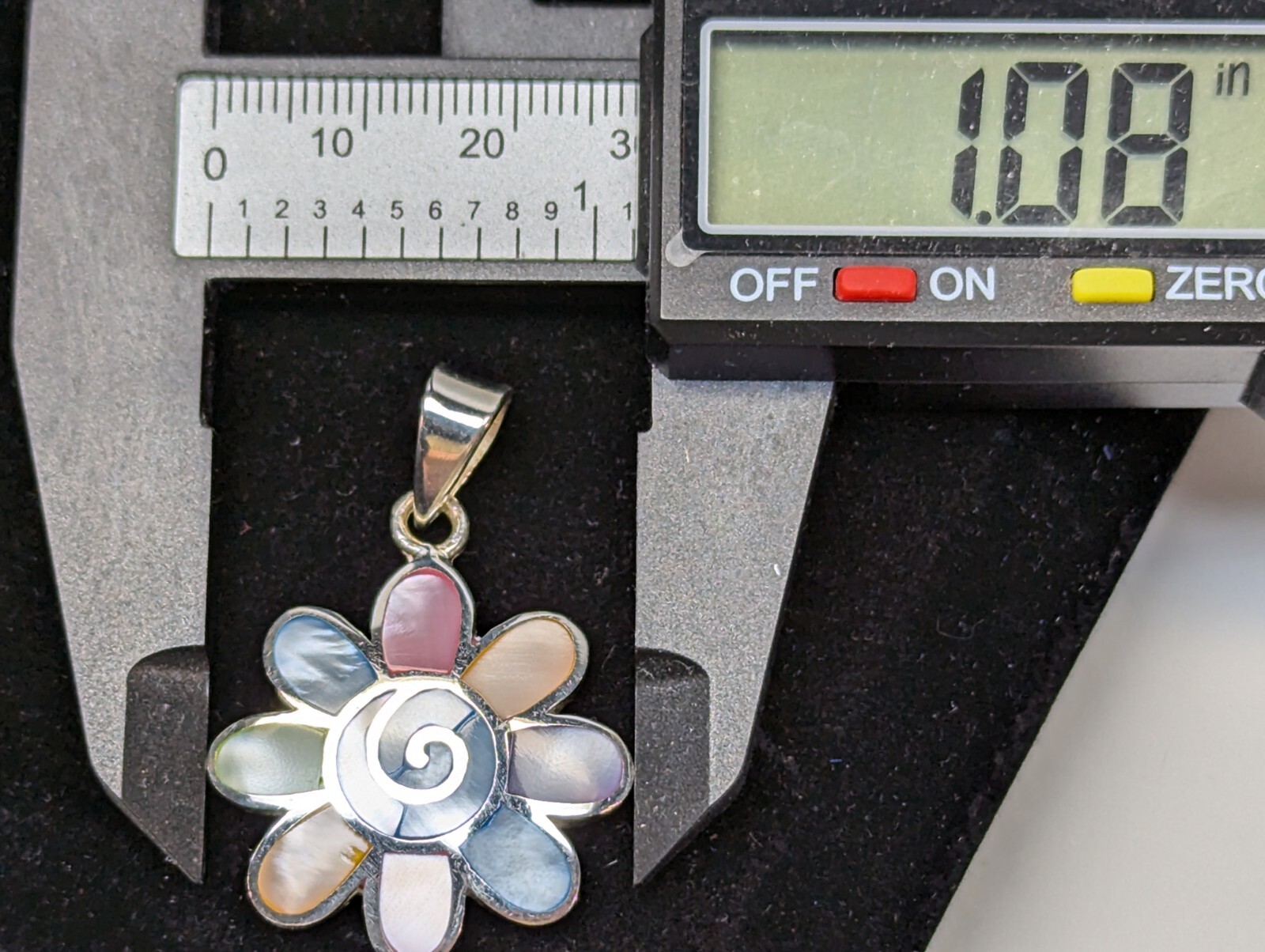 Sterling Silver Pendant With Shell Inlay. Flower With Swirl Design. 8.8 Grams.