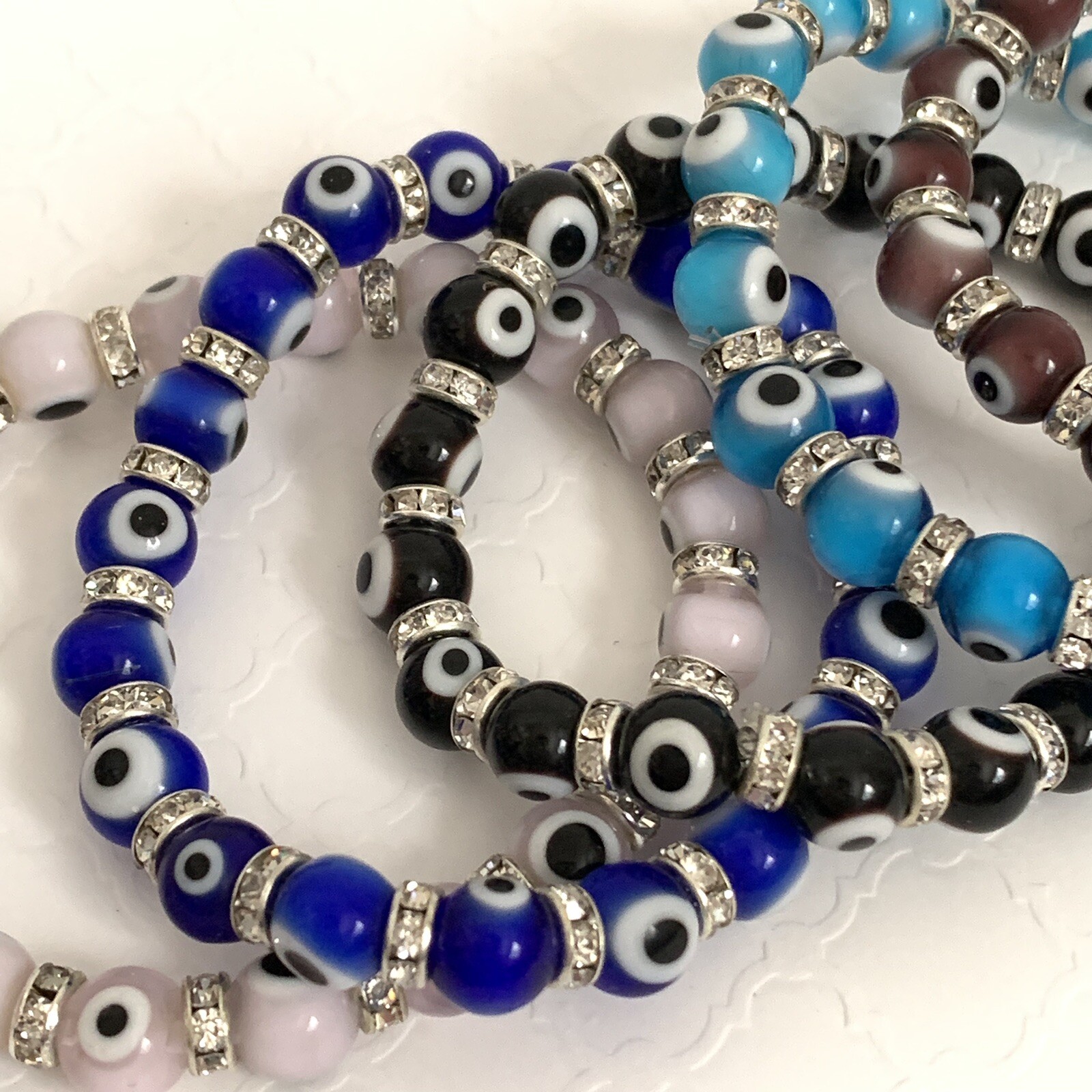 Evil Eye Bracelets Medium Glass Beads Crystals Elastic String Many Colors Stack