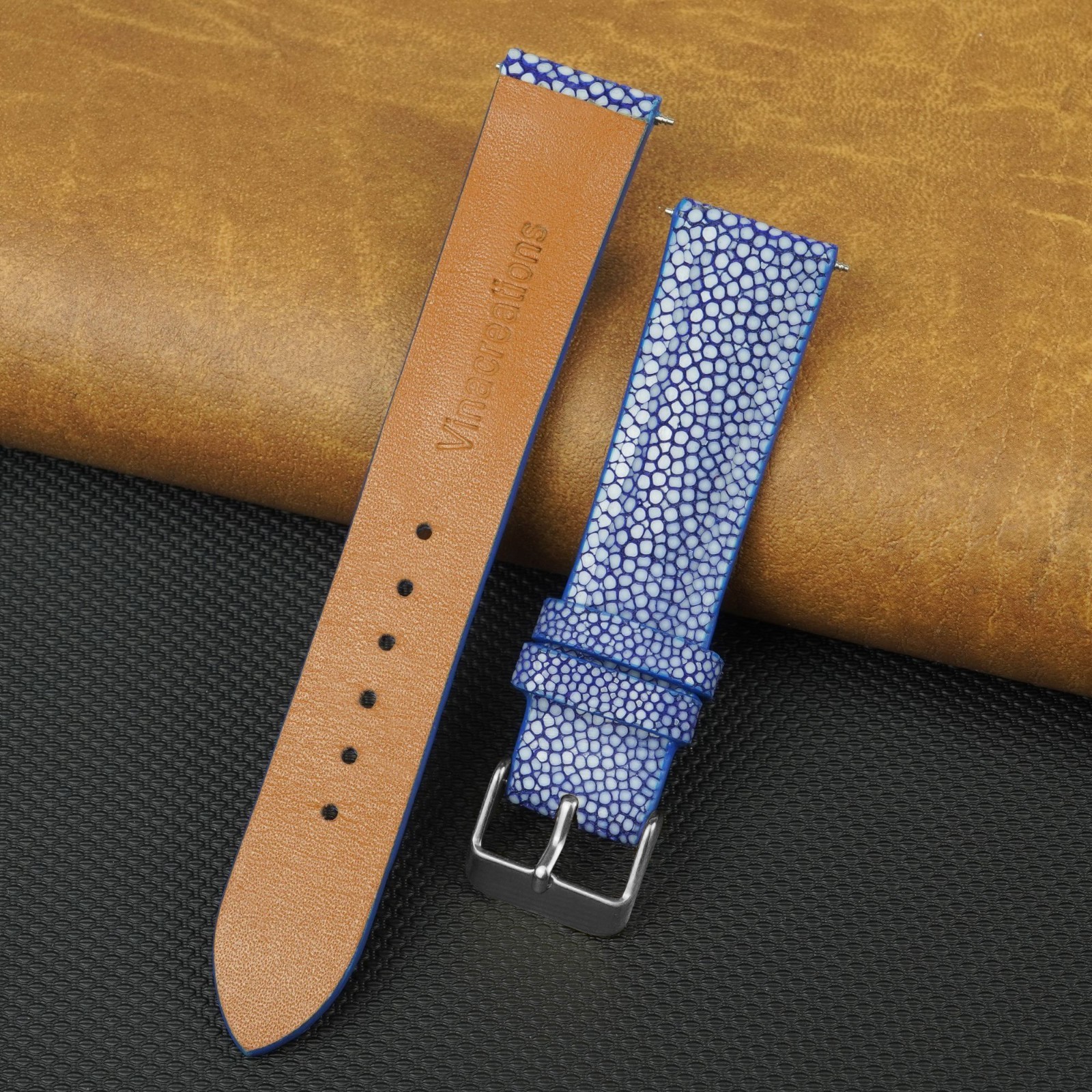 20mm Blue Leather Watch Strap Men Genuine Stingray Leather Watch Band Luxury