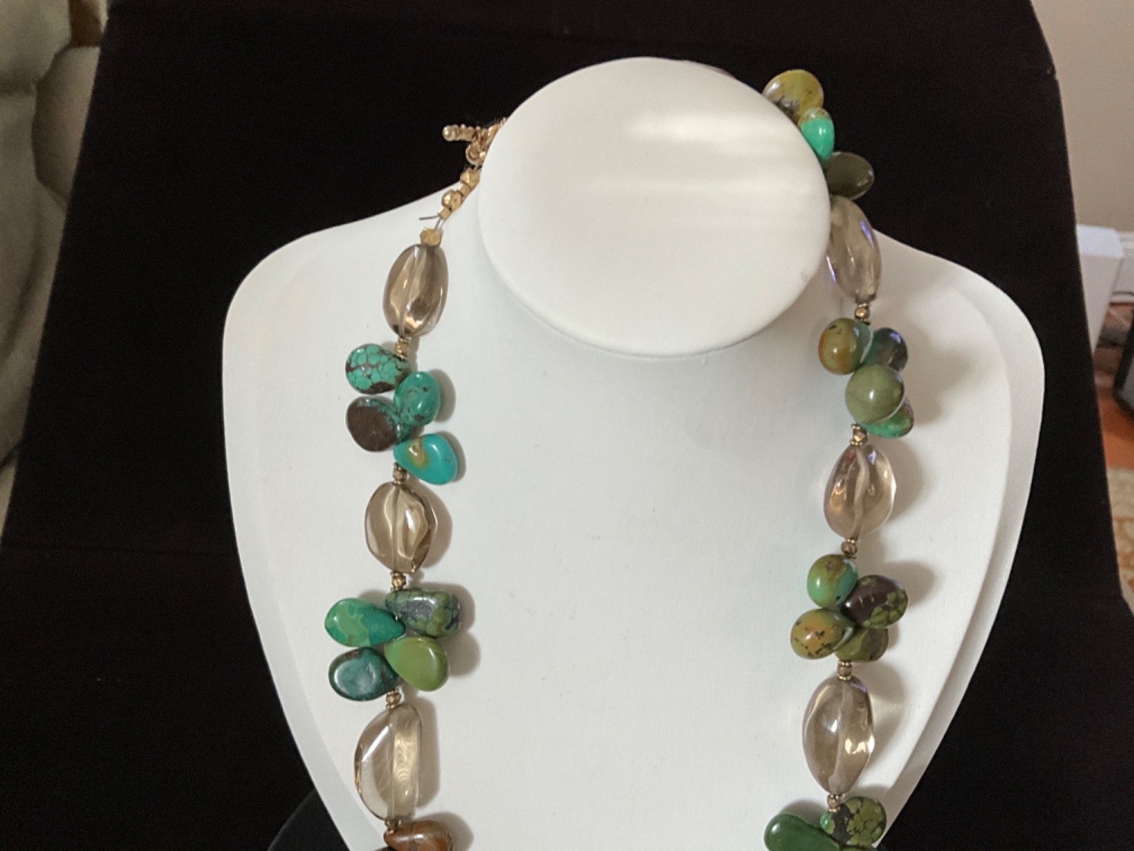Chunky Green Blue Brown Turquoise Necklace 20″ & Smokey Spinel