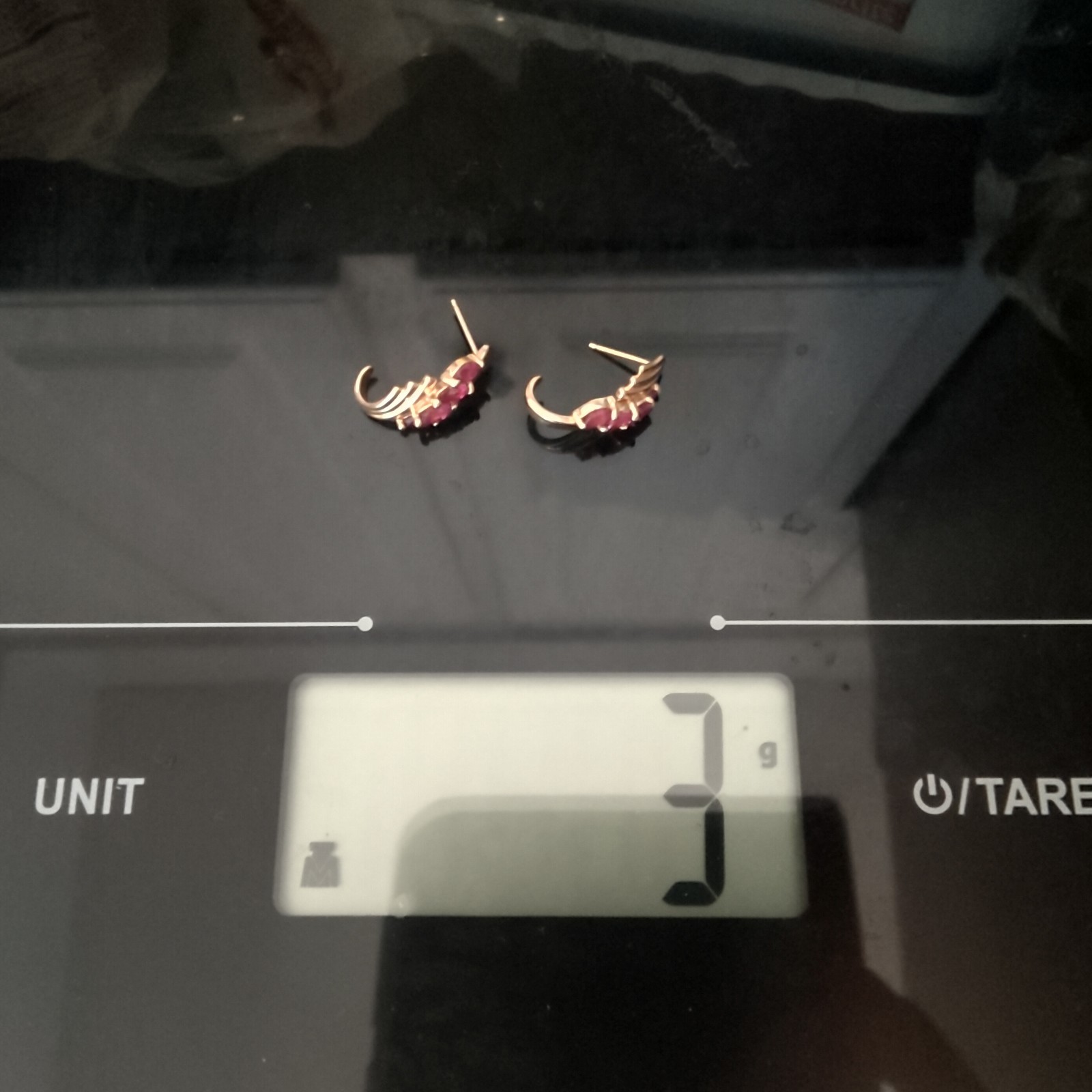 Vintage 14K Yellow Gold Ribbon J-Hoop Earrings Marquise Pink Fuchsia Gemstone 3g