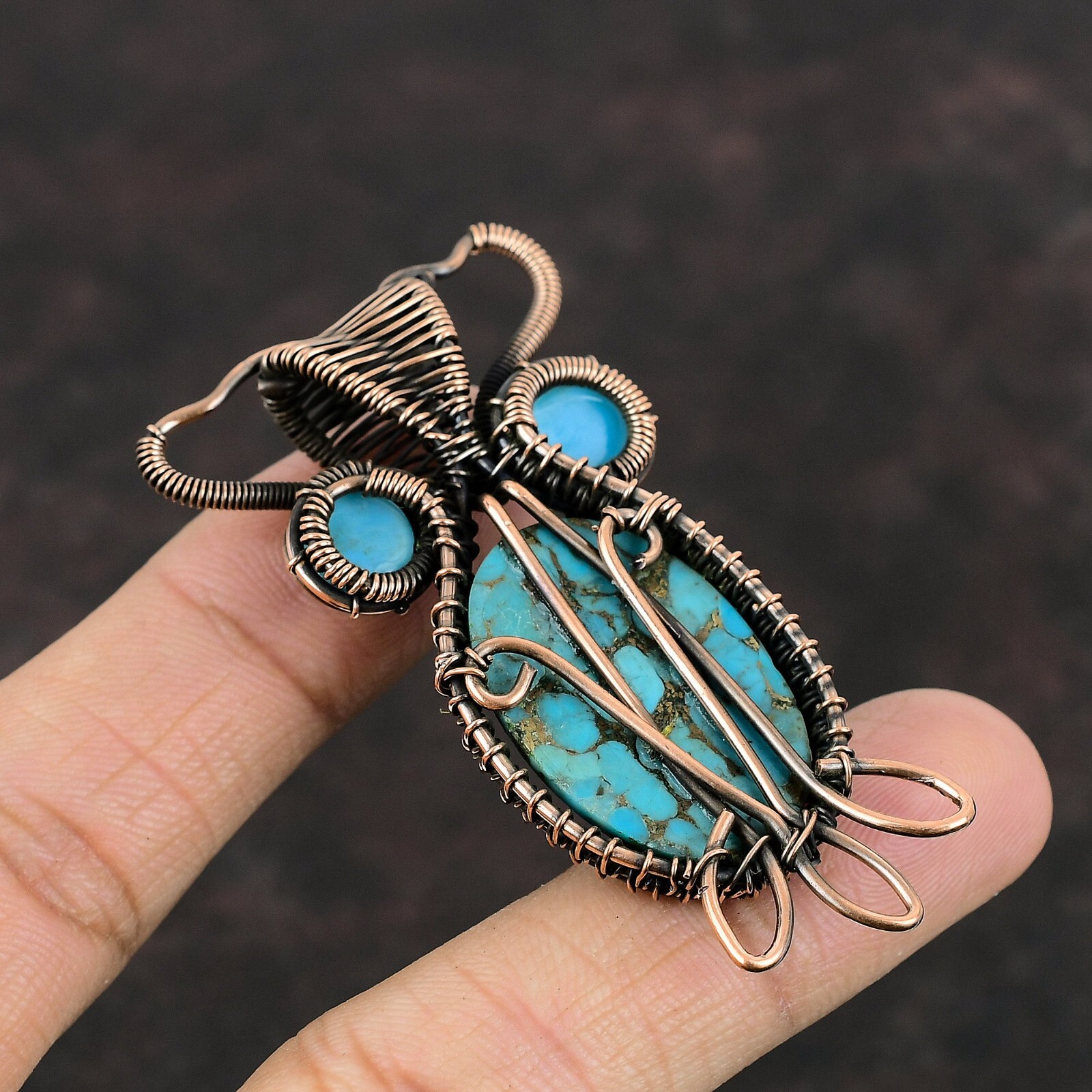 Valentines Sale Oval Copper Blue Turquoise Stone Copper Wire Wrapped Owl Pendant