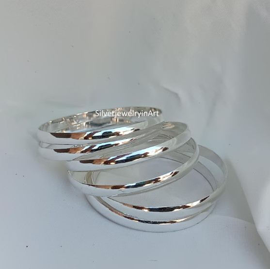 Handmade Sterling Silver Half Round Bangle 7Set – Stackable Woman Bangles Si100