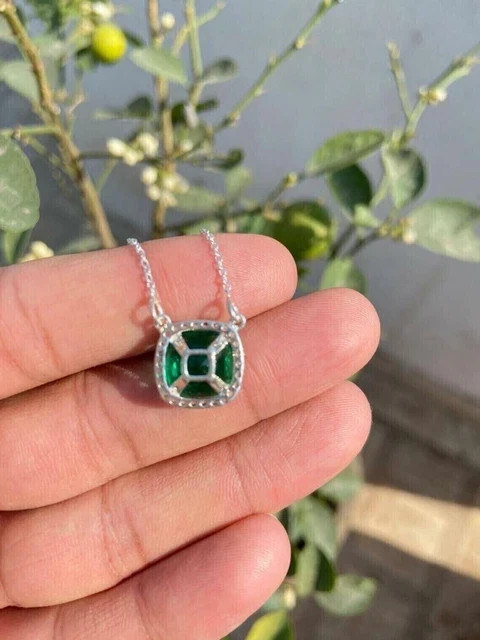 3Ct Cushion Cut Lab-Created Emerald Women’s Pendant 14k White Gold Plated Silver