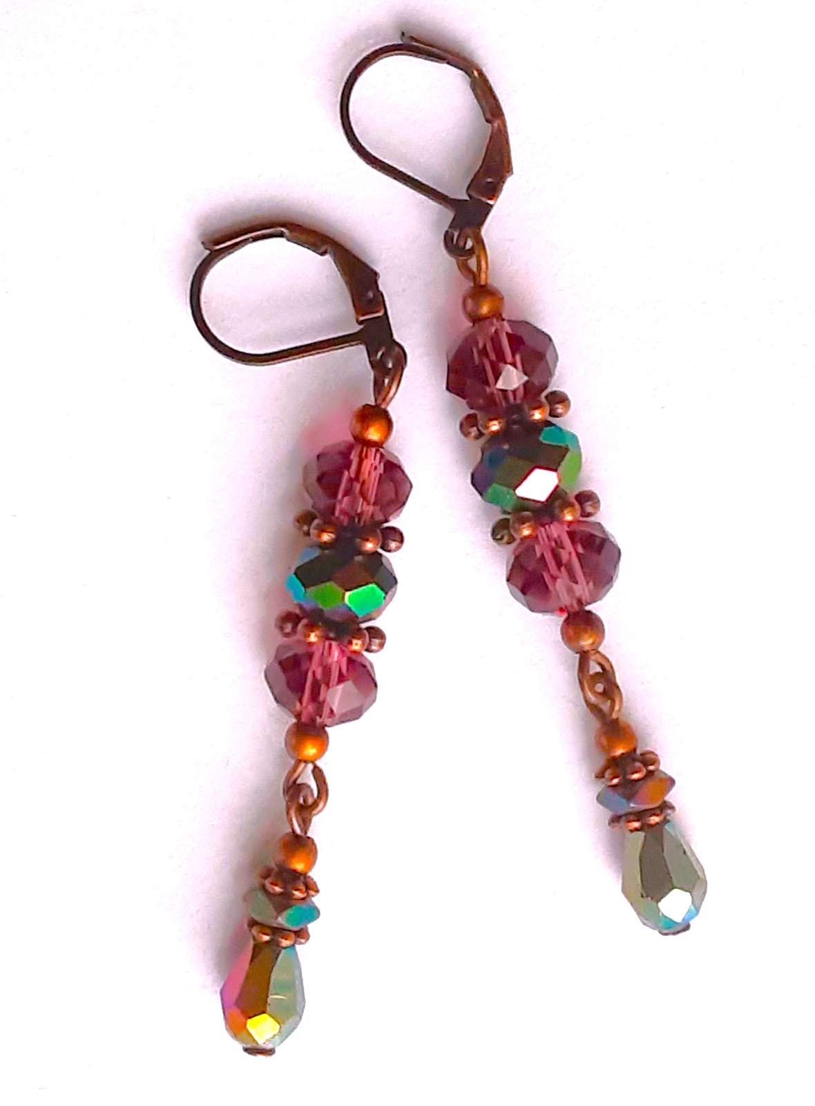 PLUM & RAINBOW crystal dangle COPPER earring LEVERBACK handmade #N25