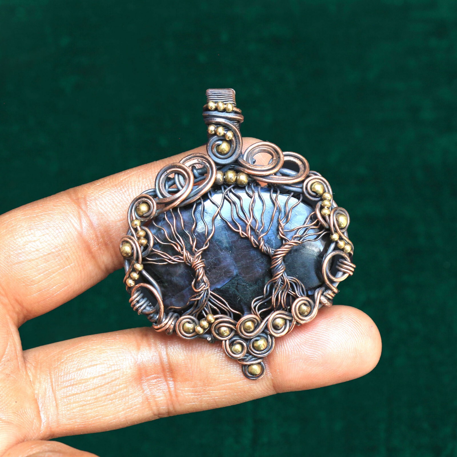 Copper Tree Pendant Indigo Gabbro Jasper Wire Wrap Gemstone Jewelry Gift N404