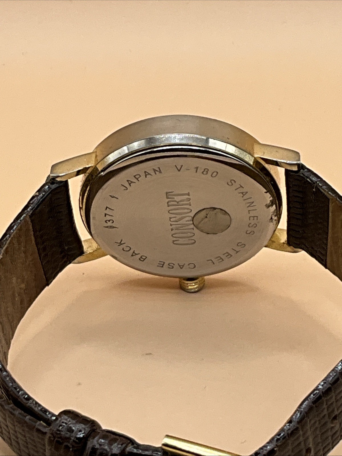 Consort Analog Wood Grain Beige Dial Brown Leather Stainless Steel Wristwatch