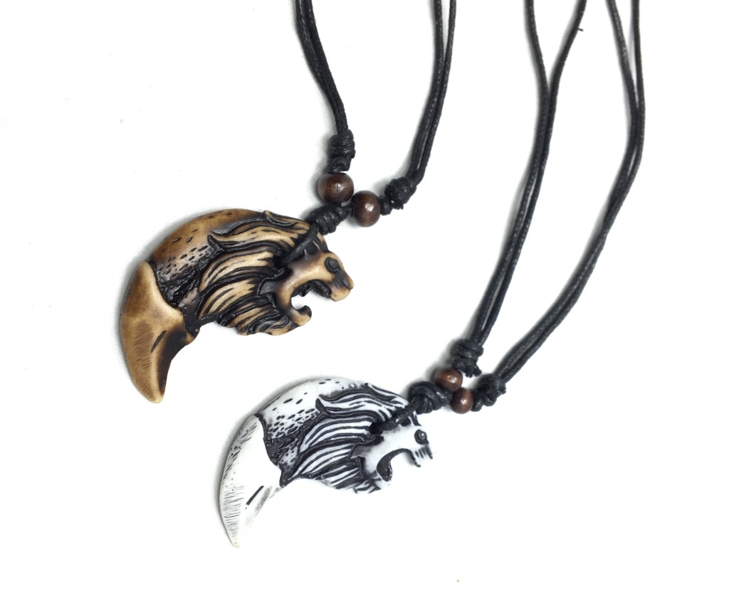 Animal Tooth With Lion Face Charm Pendant Necklace Cord Surfer Biker Chain New**