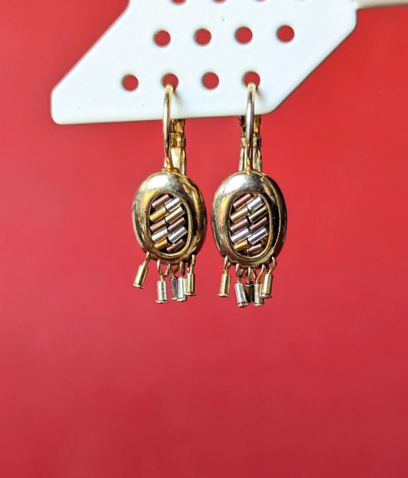 Tri Color Silver Gold Copper Tone Mosaic Barrel Fringe Dangle Drop Earrings