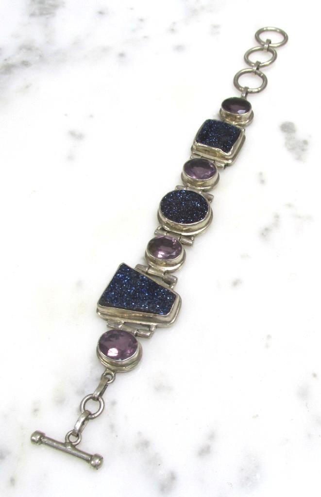Sterling Silver Blue Druzy & Purple Stone Bracelet 6.5″ – 8.25″ ~ 48.8g ~ 1-G221