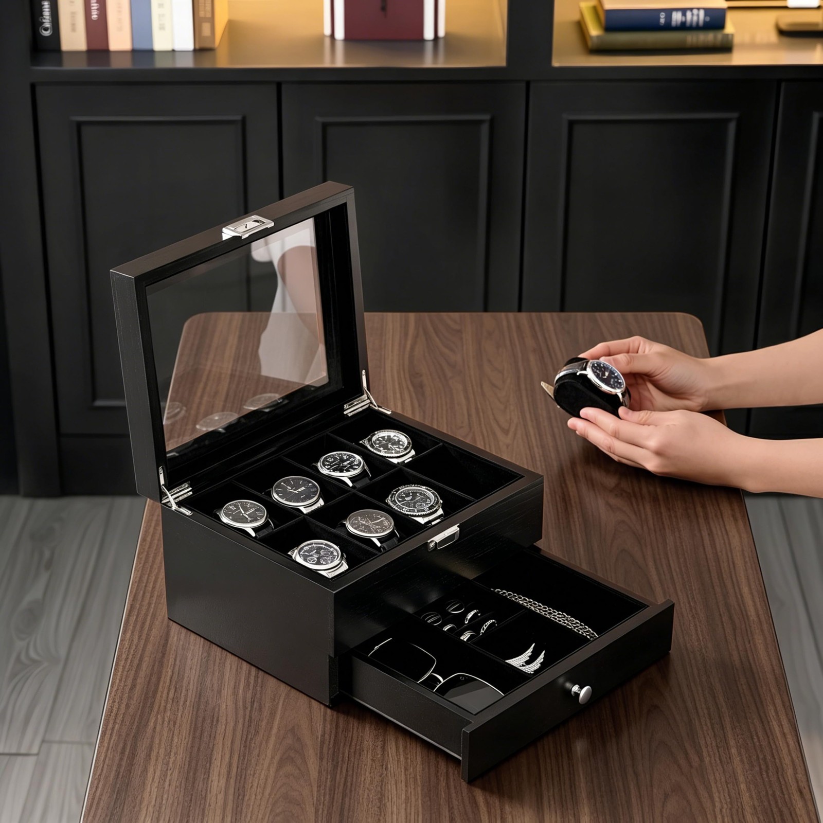 8-Slot Wooden Watch Box with Drawer, 2-Layer Jewelry Organizer, Gift for Men & W