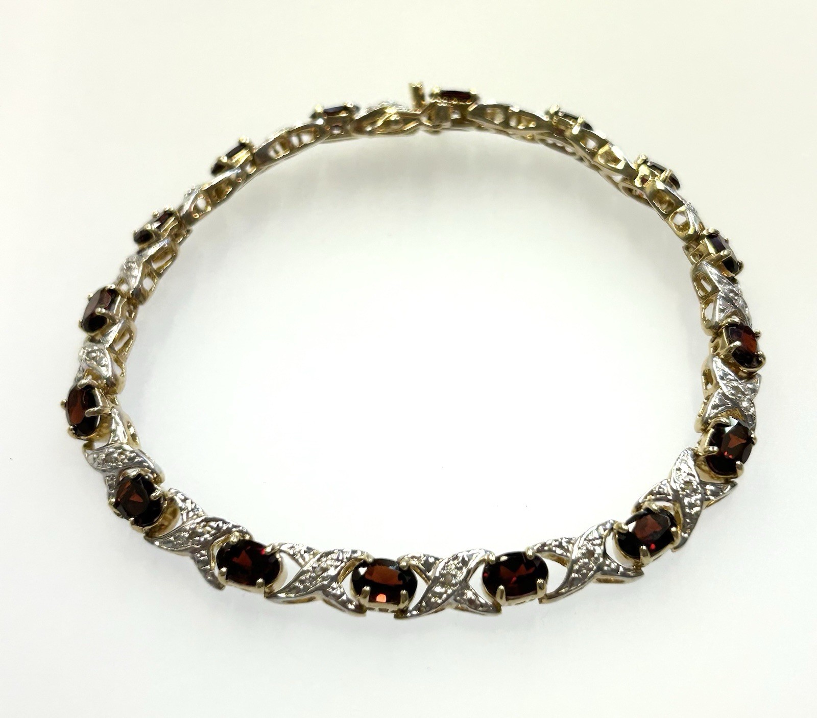 Vintage Sterling Silver Gold Toned X’s & O’s Bracelet With Red & Clear Stones