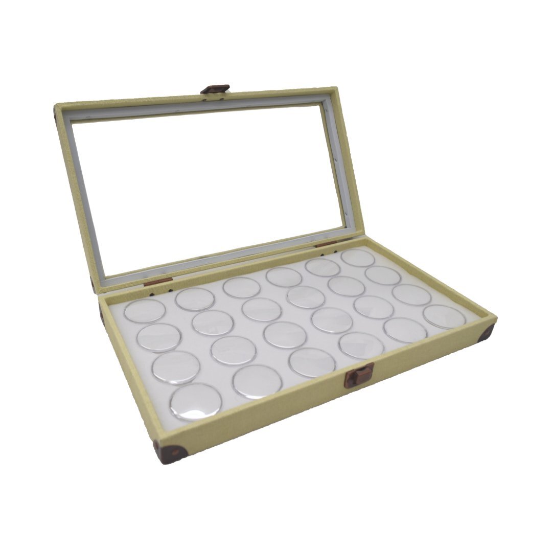 Novel Box Glass Top Linen Metal Clasp Jewelry Display Case With Gem Jar Insert