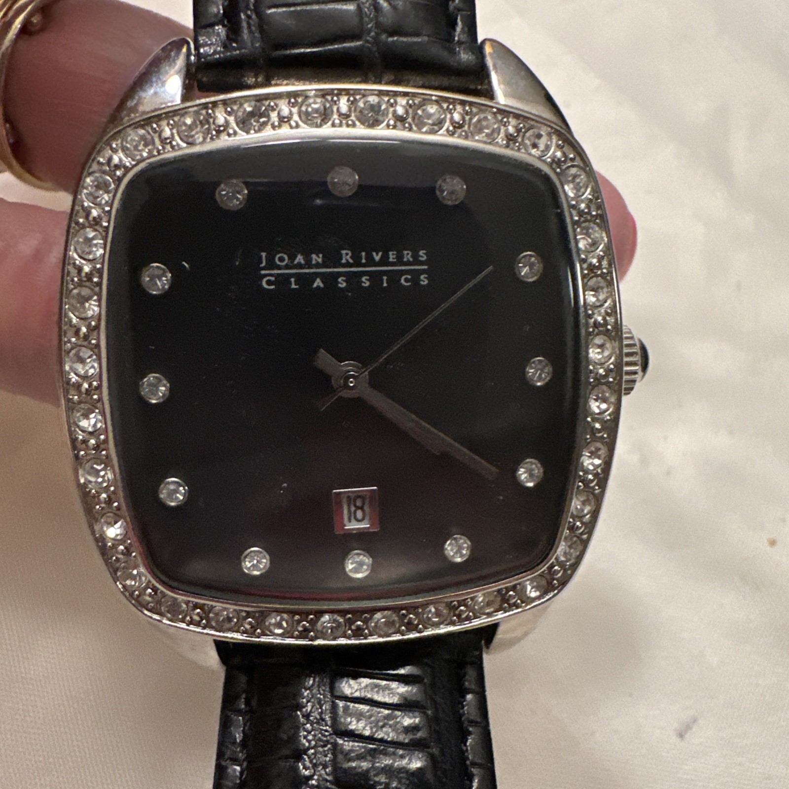 Vtg Joan Rivers Watch V377 Classics Black Leather Band New Battery Square Face