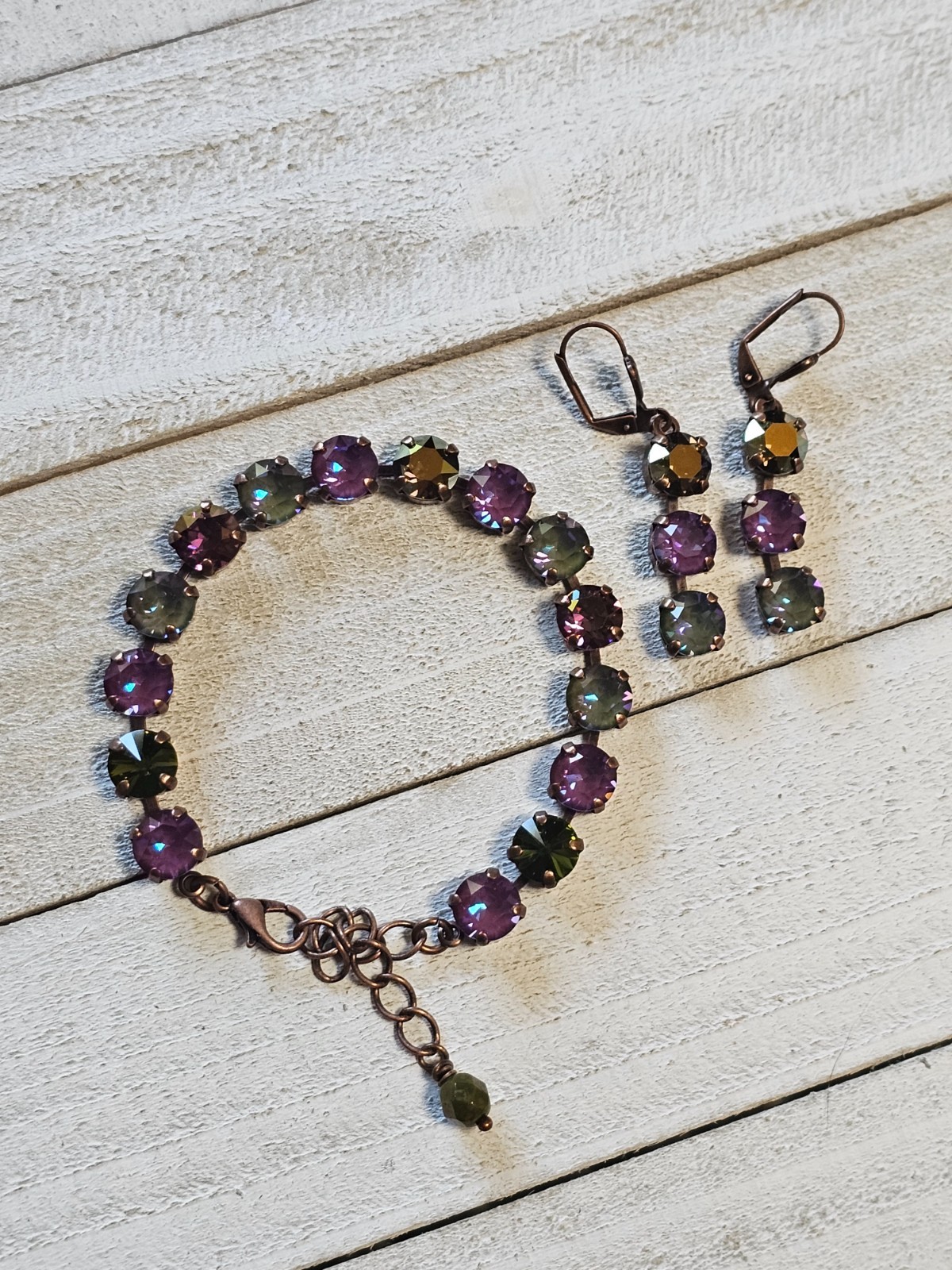 B1-9 Olive Purple Copper Drop Earrings Matching Cup Chain Bracelet Set