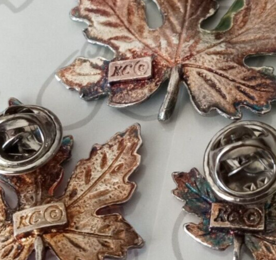 Maple Leaf Pin Brooch Set 3 Vintage KC Signed Green Orange Yellow Scatter Pins