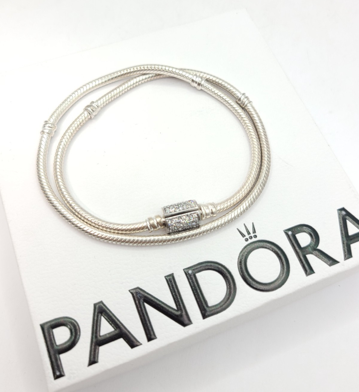 100% PANDORA 599544C01 Pave Double Wrap Barrel Clasp Chain Bracelet Necklace