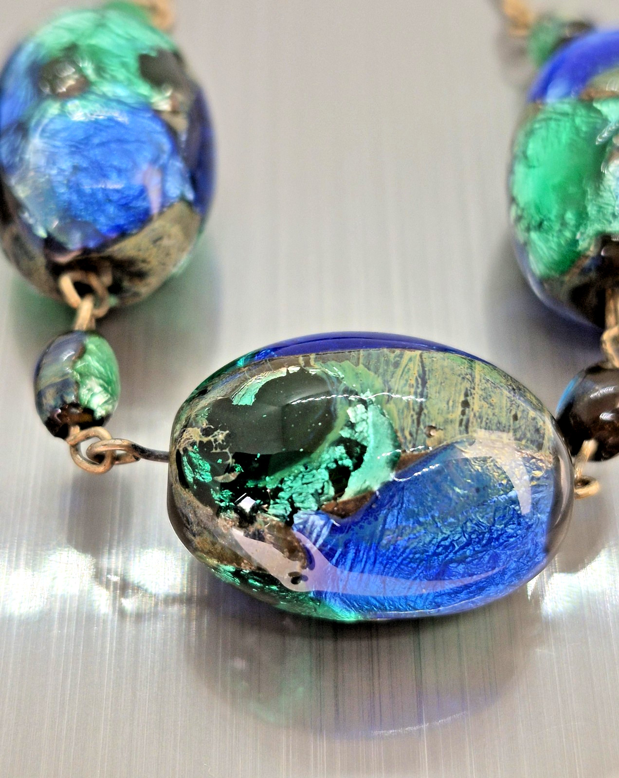 Vintage Art Deco Venetian Green, Blue & Black Foil Glass Bead Necklace 18″