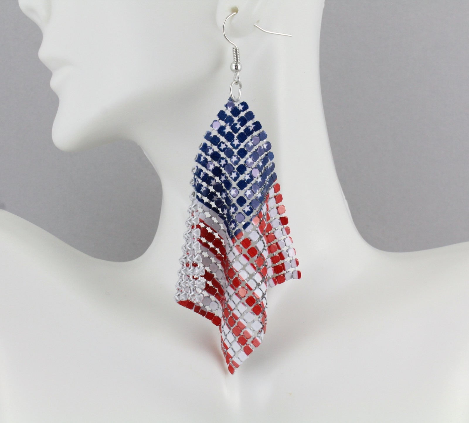 Patriotic earrings Red White Blue USA American Flag earrings 4th July metal mesh