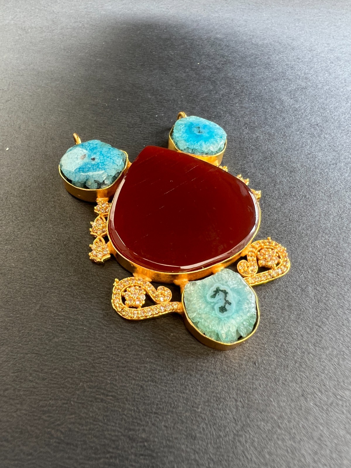 Designer Pendant Red Agate & Blue Druzy | Gold Plated Luxury Statement Jewelry