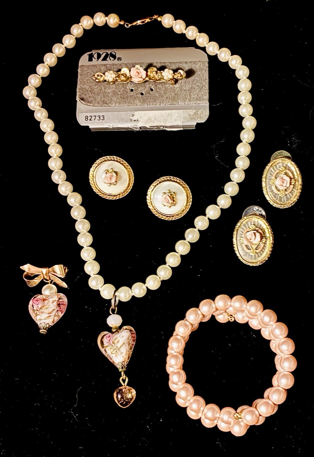 Vintage Romantic Jewelry Lot 1928 NOS Brooch Rose Earrings Pearls Necklace Etc