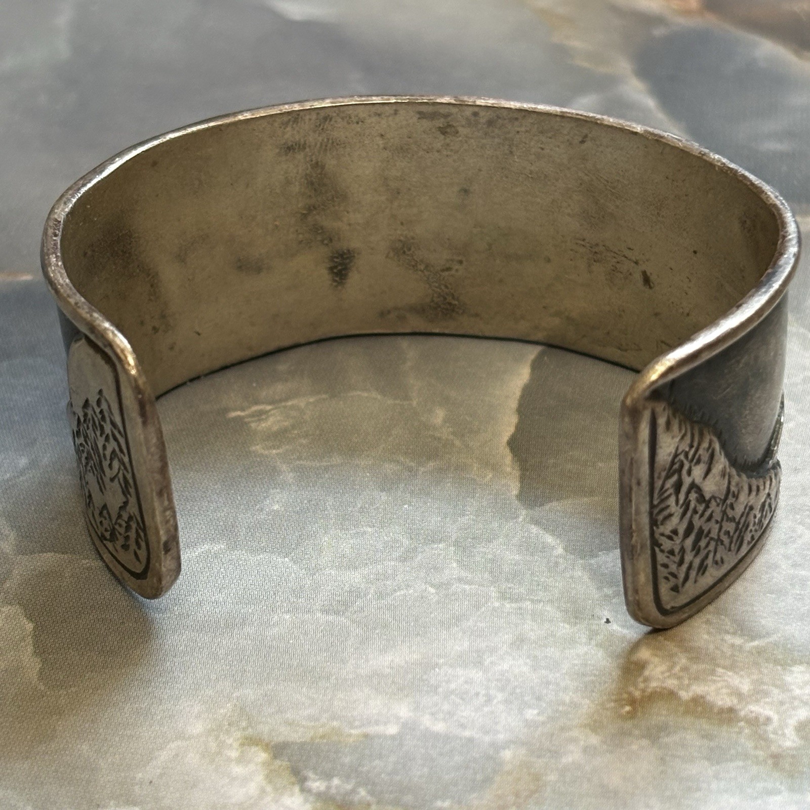 Vintage Native 925 Sterling Silver Storytelling Cuff Gold Moon JH Maker Mark
