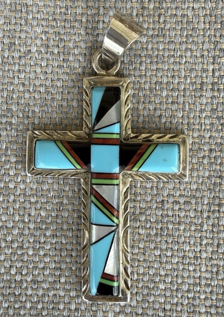 Native American Multi-Stone Sterling Silver Inlay Cross Pendant Stamped “RM”