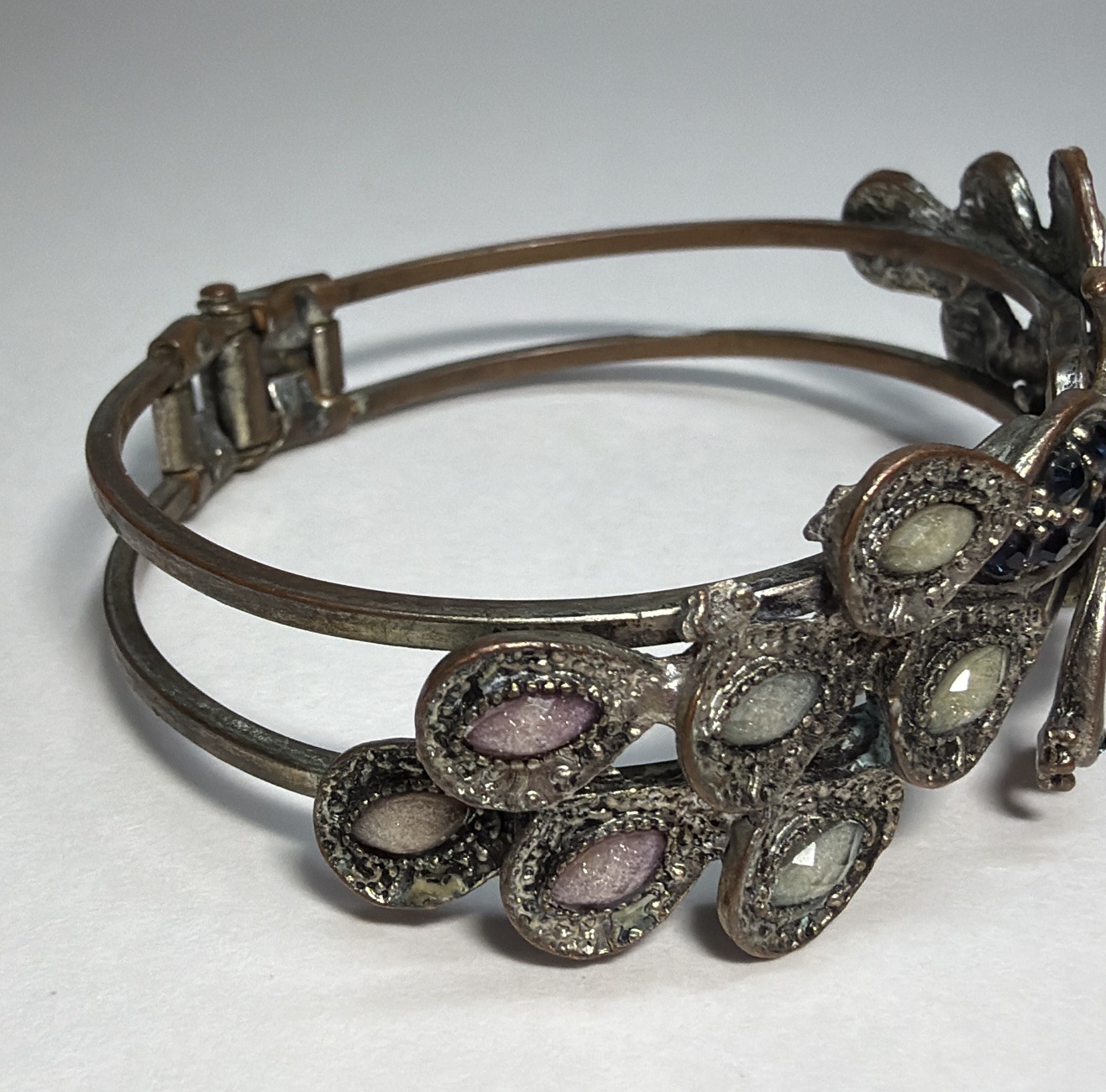 Vintage Peacock Motif Hinged/Cuff Bracelet with Faceted Stones Copper/Silver Mix
