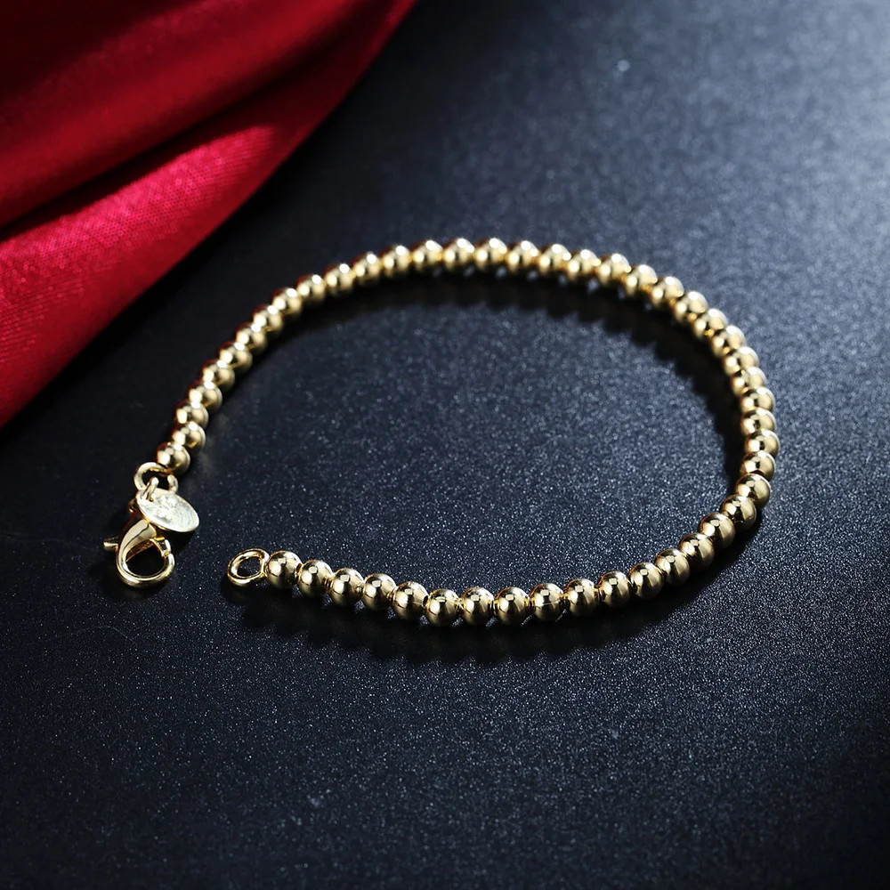 2PCS Hot 925 Sterling Solid Silver Jewelry 4MM Solid Beads Bracelet For Women