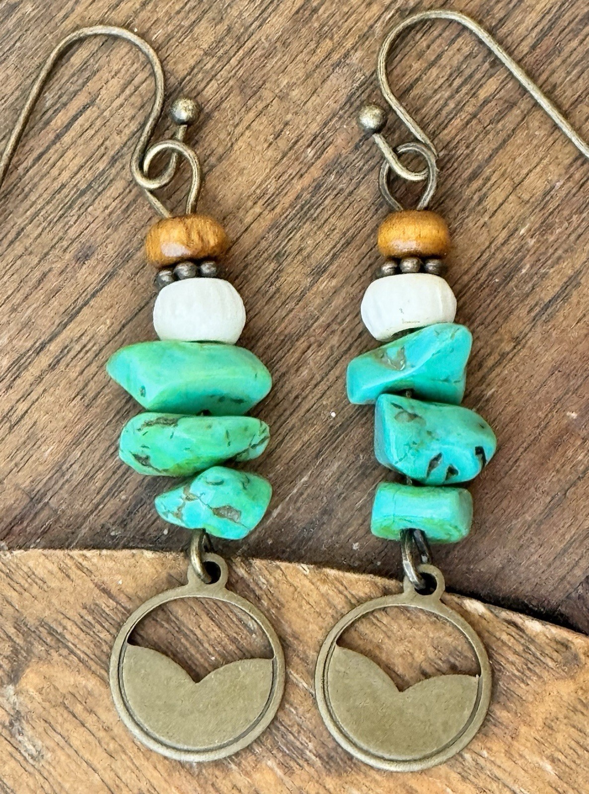 Bronze, Ivory, Brown and Green Turquoise Earrings.