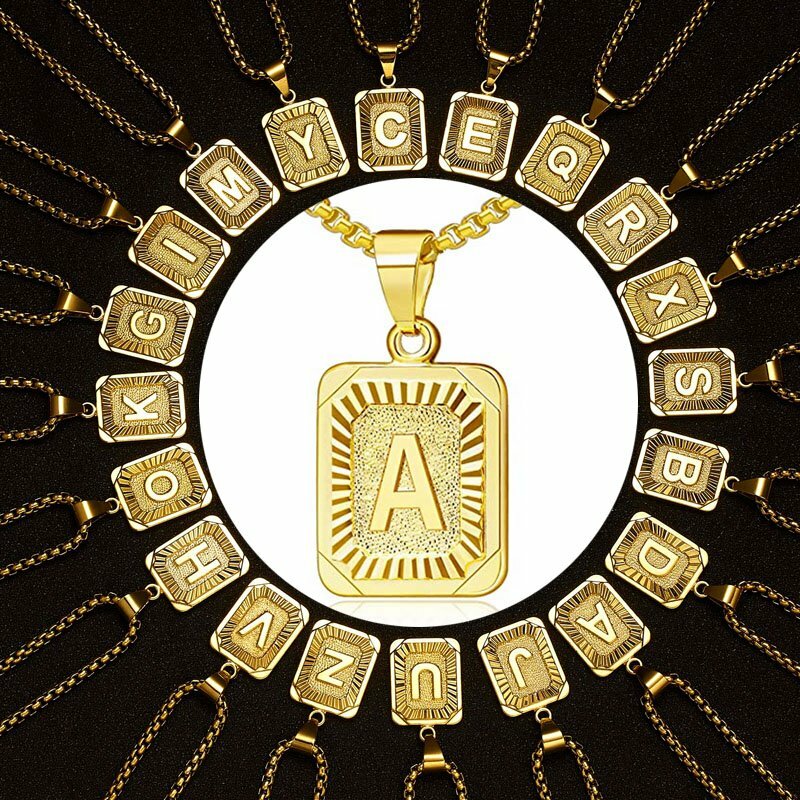 Gold Plated Square Initial Letter A-Z Pendant Necklace 2mm 18-36″ Box Link Chain