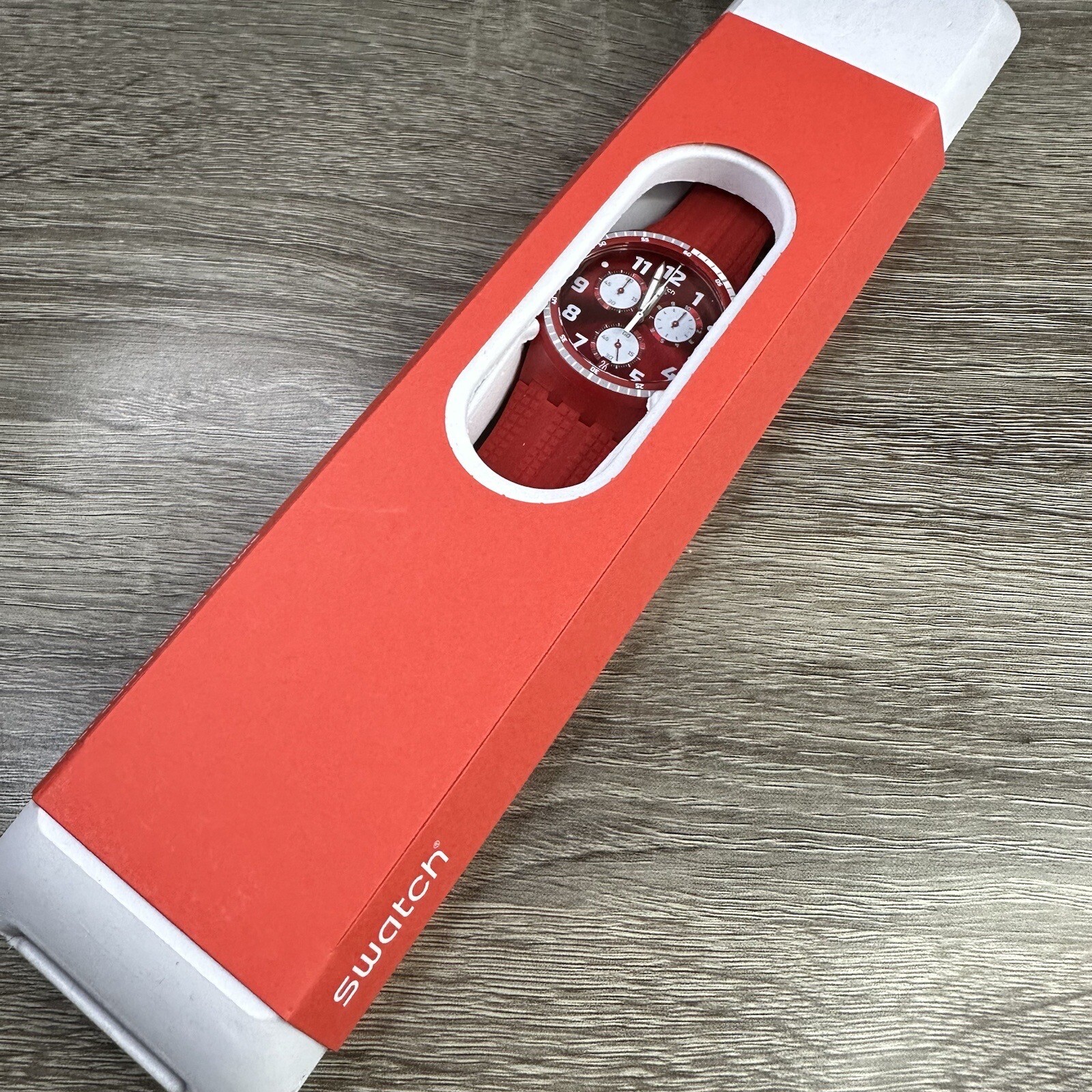 NEW✅ Swatch SPREMUTA Men Red And White Silicone Chronograph Watch 42mm SUSR403
