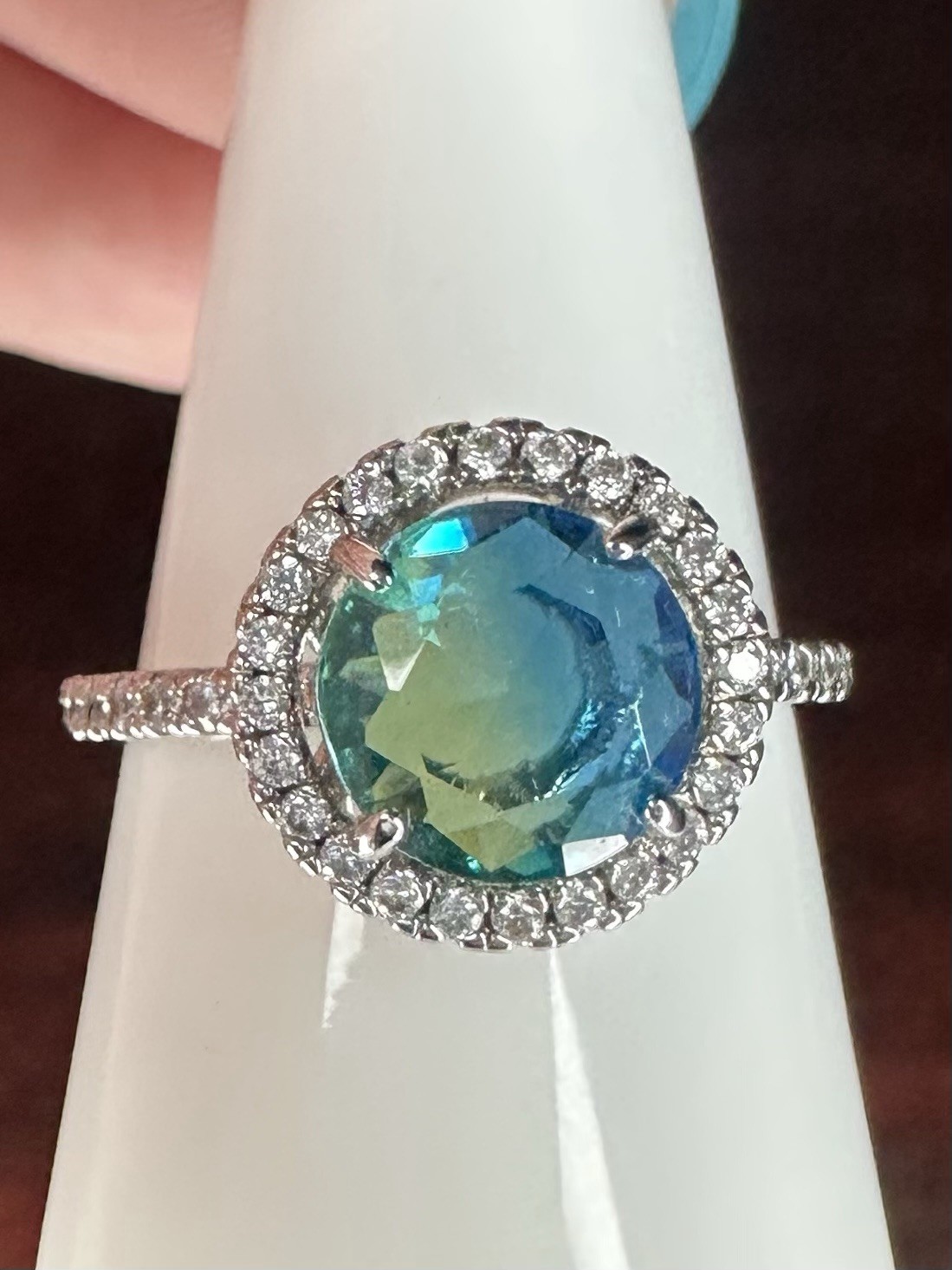 Bomb Party Ring- 01- 2944- Lab Created Bi-Color Azure- Size 9.25- Rhodium Plated