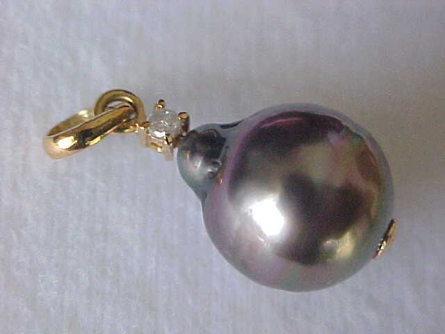 11.5MM X 13.5MM GENUINE TAHITIAN PEARL & DIAMOND PENDANT SOLID 18K YELLOW GOLD